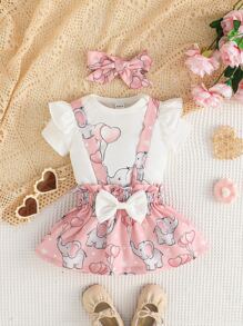 嬰兒大象印花荷葉邊連體衣和前蝴蝶結背带半身裙和頭巾 - 彩色 - 查看 3