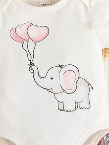 嬰兒大象印花荷葉邊連體衣和前蝴蝶結背带半身裙和頭巾 - 彩色 - 查看 4