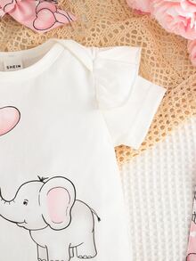 嬰兒大象印花荷葉邊連體衣和前蝴蝶結背带半身裙和頭巾 - 彩色 - 查看 6