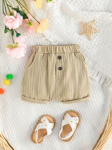 Bebé niño Shorts con diseño de botón con bolsillo oblicuo - Caqui - Ver 1