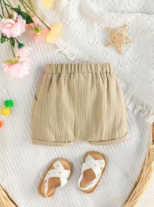 Bebé niño Shorts con diseño de botón con bolsillo oblicuo - Caqui - Ver 2