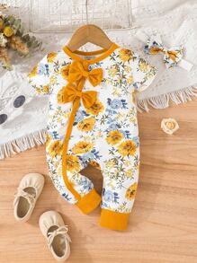 Baby Floral Print Bow Front Contrast Binding Jumpsuit & Headband - Multicolor - View 1