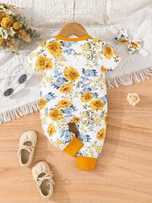 Baby Floral Print Bow Front Contrast Binding Jumpsuit & Headband - Multicolor - View 2