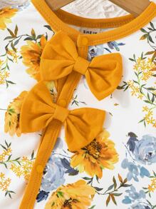 Baby Floral Print Bow Front Contrast Binding Jumpsuit & Headband - Multicolor - View 3