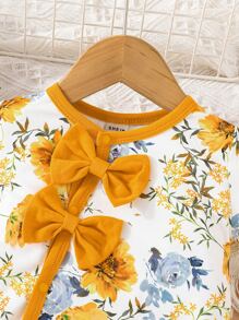 Baby Floral Print Bow Front Contrast Binding Jumpsuit & Headband - Multicolor - View 4