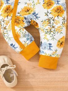 Baby Floral Print Bow Front Contrast Binding Jumpsuit & Headband - Multicolor - View 6