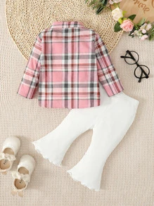 毛呢格紋襯衫+萵苣邊喇叭褲+實色背心套裝,適用於女嬰 - 彩色 - 查看 2