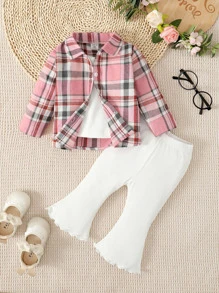 毛呢格紋襯衫+萵苣邊喇叭褲+實色背心套裝,適用於女嬰 - 彩色 - 查看 3