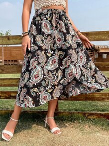 SHEIN Clasi 大碼佩斯利印花圍裹下擺半身裙 - 黑色 - 查看 1