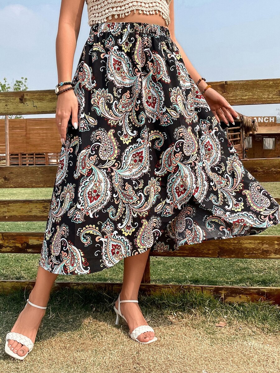 SHEIN Clasi 大碼佩斯利印花圍裹下擺半身裙 - 黑色 - 查看 1