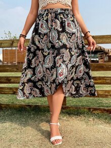 SHEIN Clasi 大碼佩斯利印花圍裹下擺半身裙 - 黑色 - 查看 3
