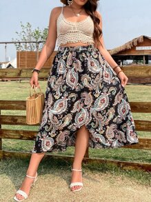 SHEIN Clasi 大碼佩斯利印花圍裹下擺半身裙 - 黑色 - 查看 4