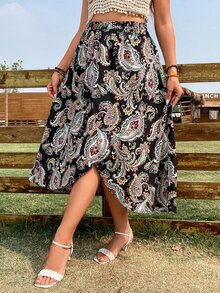 SHEIN Clasi 大碼佩斯利印花圍裹下擺半身裙 - 黑色 - 查看 5