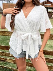 SHEIN Franclia Blusa unicolor con cinturón de peluche