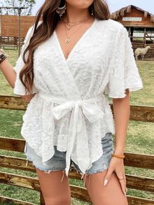 SHEIN Franclia Blusa unicolor con cinturón de peluche