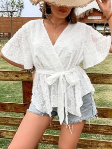 SHEIN Franclia Blusa unicolor con cinturón de peluche