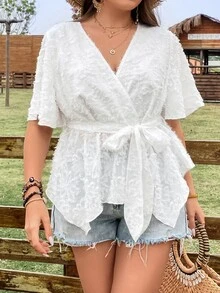 SHEIN Franclia Blusa unicolor con cinturón de peluche