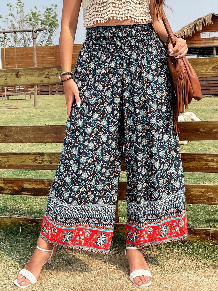 SHEIN Holidaya Plus Floral Print Wide Leg Trousers - Multicolor - View 1