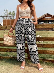 SHEIN Holidaya Plus Elephant Print Slant Pocket Trousers - Multicolor - View 1
