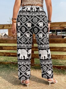 SHEIN Holidaya Plus Elephant Print Slant Pocket Trousers - Multicolor - View 2
