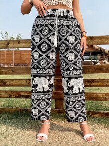SHEIN Holidaya Plus Elephant Print Slant Pocket Trousers - Multicolor - View 3