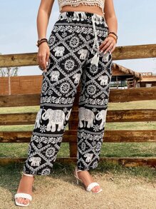 SHEIN Holidaya Plus Elephant Print Slant Pocket Trousers - Multicolor - View 4