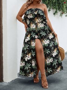 SHEIN Holidaya Plus Tropical Print Ruffle Trim Tube Romper - Multicolor - View 1