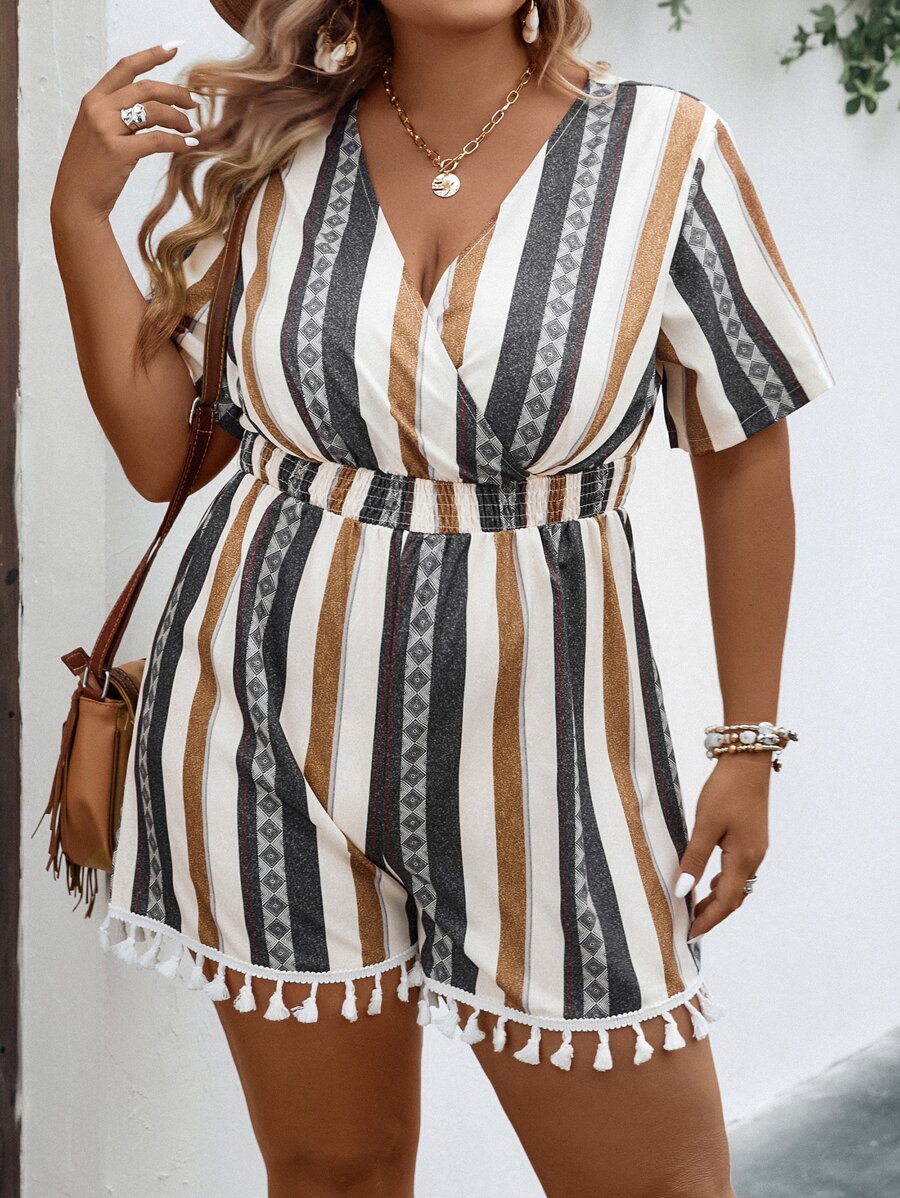 Breezaya 大碼條紋印花流蘇邊連身短褲 - 彩色 - 查看 1