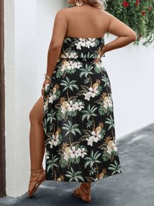 SHEIN Holidaya Plus Tropical Print Ruffle Trim Tube Romper - Multicolor - View 3