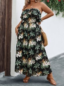 SHEIN Holidaya Plus Tropical Print Ruffle Trim Tube Romper - Multicolor - View 4