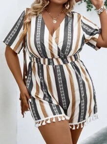 Breezaya 大碼條紋印花流蘇邊連身短褲 - 彩色 - 查看 5