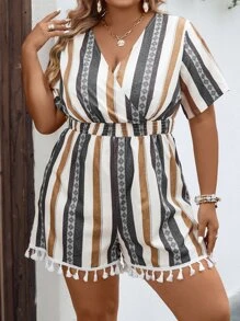 Breezaya 大碼條紋印花流蘇邊連身短褲 - 彩色 - 查看 6