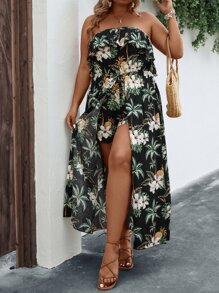 SHEIN Holidaya Plus Tropical Print Ruffle Trim Tube Romper - Multicolor - View 7