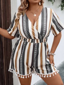 Breezaya 大碼條紋印花流蘇邊連身短褲 - 彩色 - 查看 7