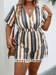 Breezaya 大碼條紋印花流蘇邊連身短褲 - 彩色 - 查看 8