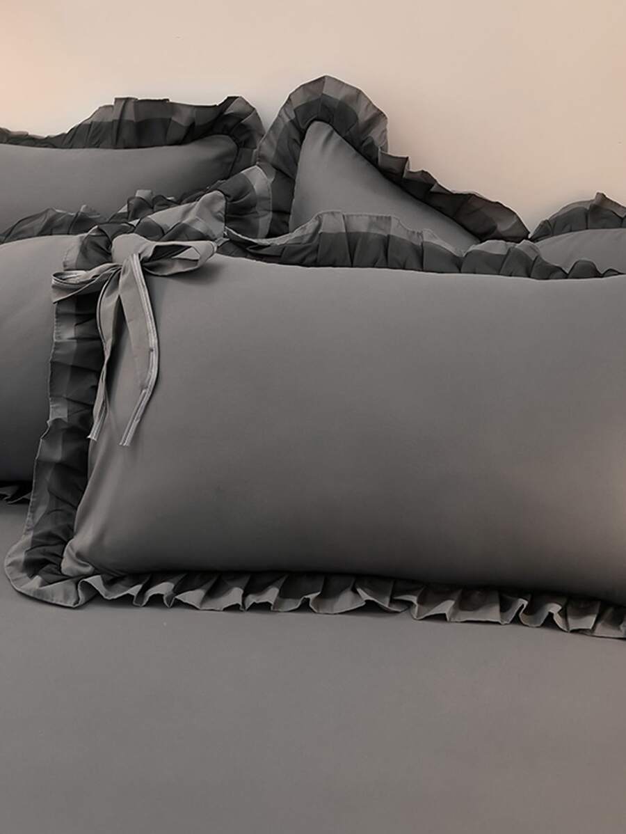 1入組深灰色枕套滌綸荷葉邊蝴蝶結裝飾枕套無填充物適用於臥室 - 深灰色 - 查看 1