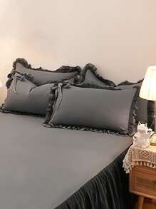 1入組深灰色枕套滌綸荷葉邊蝴蝶結裝飾枕套無填充物適用於臥室 - 深灰色 - 查看 2