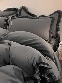 1入組深灰色枕套滌綸荷葉邊蝴蝶結裝飾枕套無填充物適用於臥室 - 深灰色 - 查看 4