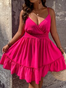 Breezaya 大碼水溶蕾絲拼接荷葉邊吊帶洋裝 - 玫紅色 - 查看 6