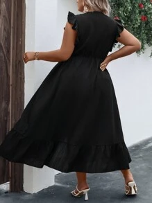 SHEIN Clasi 加大荷叶边裹身下摆长裙女装 - 黑色 - 查看 3