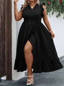 SHEIN Clasi 加大荷叶边裹身下摆长裙女装 - 黑色 - 查看 4