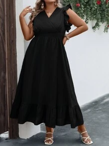 SHEIN Clasi 加大荷叶边裹身下摆长裙女装 - 黑色 - 查看 5