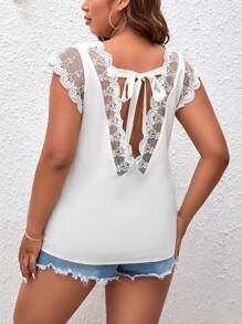 SHEIN Clasi 大碼蕾絲拼接後綁帶襯衫 - 白色 - 查看 5