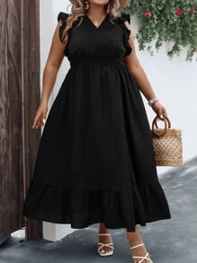 SHEIN Clasi 加大荷叶边裹身下摆长裙女装 - 黑色 - 查看 9