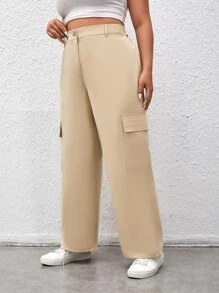 SHEIN EZwear Plus Flap Pocket Side Wide Leg Trousers - Khaki - View 1