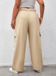 SHEIN EZwear Plus Flap Pocket Side Wide Leg Trousers - Khaki - View 2