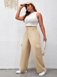 SHEIN EZwear Plus Flap Pocket Side Wide Leg Trousers - Khaki - View 3