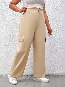 SHEIN EZwear Plus Flap Pocket Side Wide Leg Trousers - Khaki - View 4