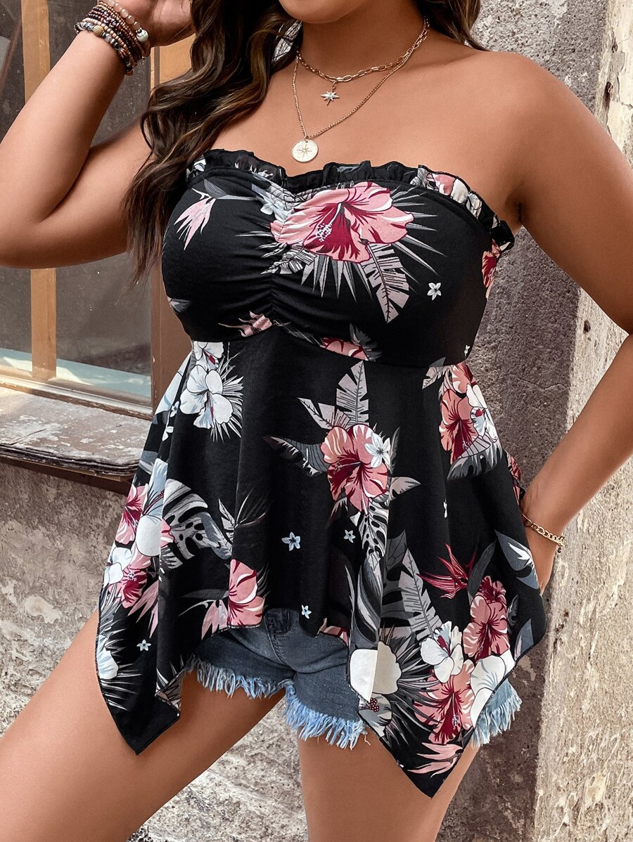 SHEIN LUNE Plus Floral Print Ruched Bust Frill Trim Hanky Hem Tube Top - Multicolor - View 1
