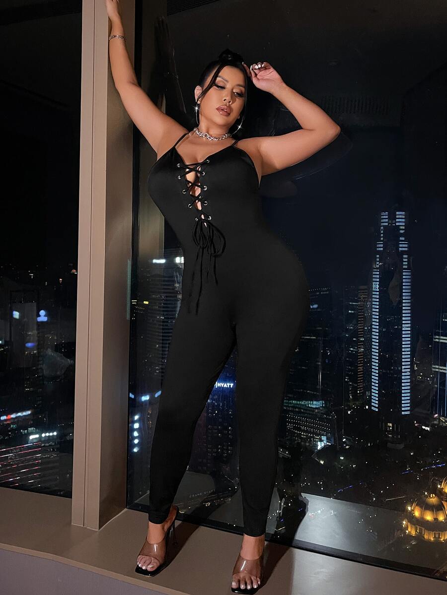 SHEIN SXY Plus Lace Up Front Cami Unitard Jumpsuit - Black - View 1